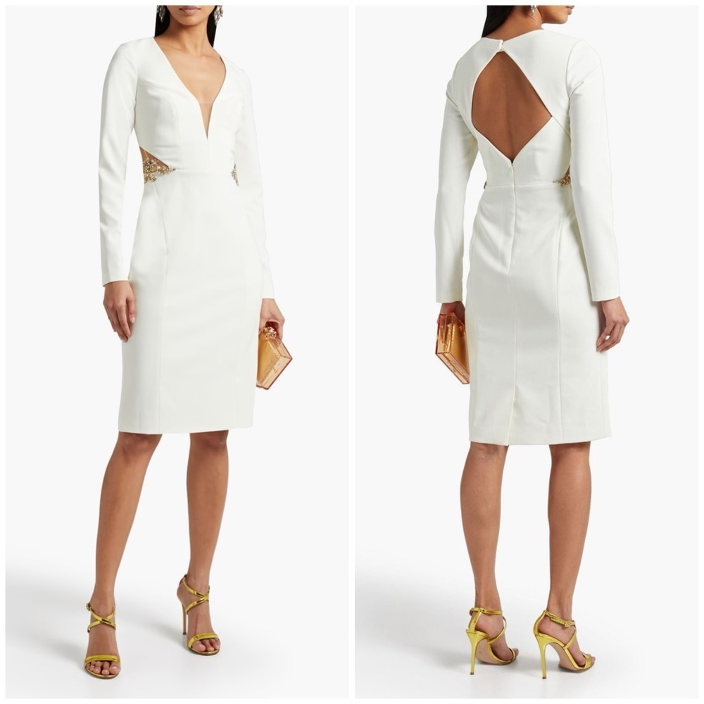 NWT Marchesa Notte Embellished Cut Out Crepe Midi Dress White Ivory Beaded Sz 10